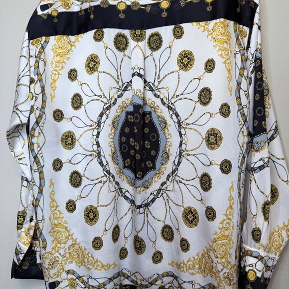 ZARA | Monogram Baroque Chain Pattern Button Front Collared Long Sleeve Blouse - Picture 6 of 16